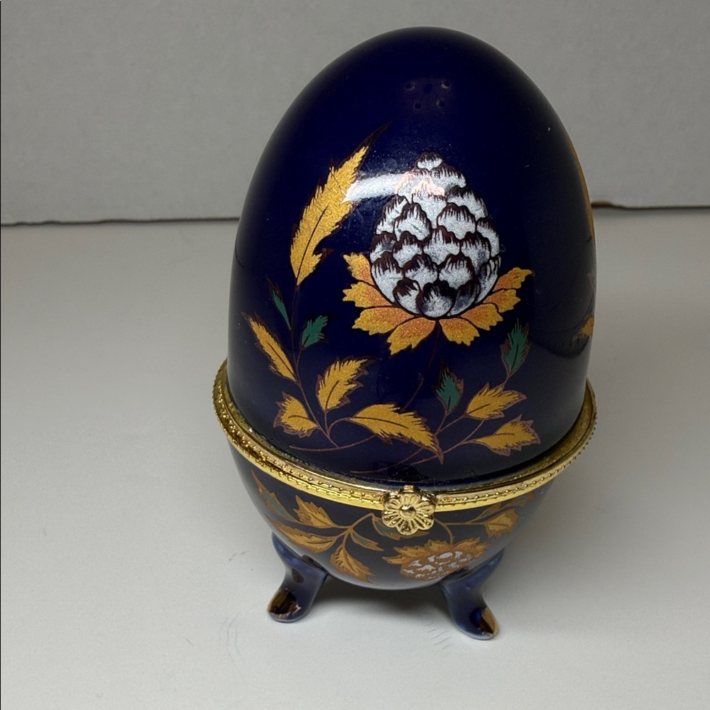 Vintage Cobalt Blue & Gold Porcelain Footed Egg – Floral Trinket/Jewelry Box